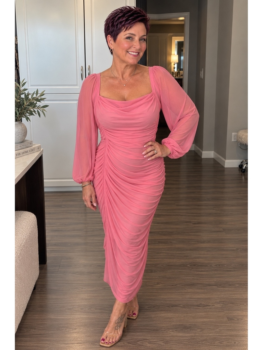 Pink Ruched Bodycon Midi Dress Sheer Long Sleeve Cowl Neck Party Dress